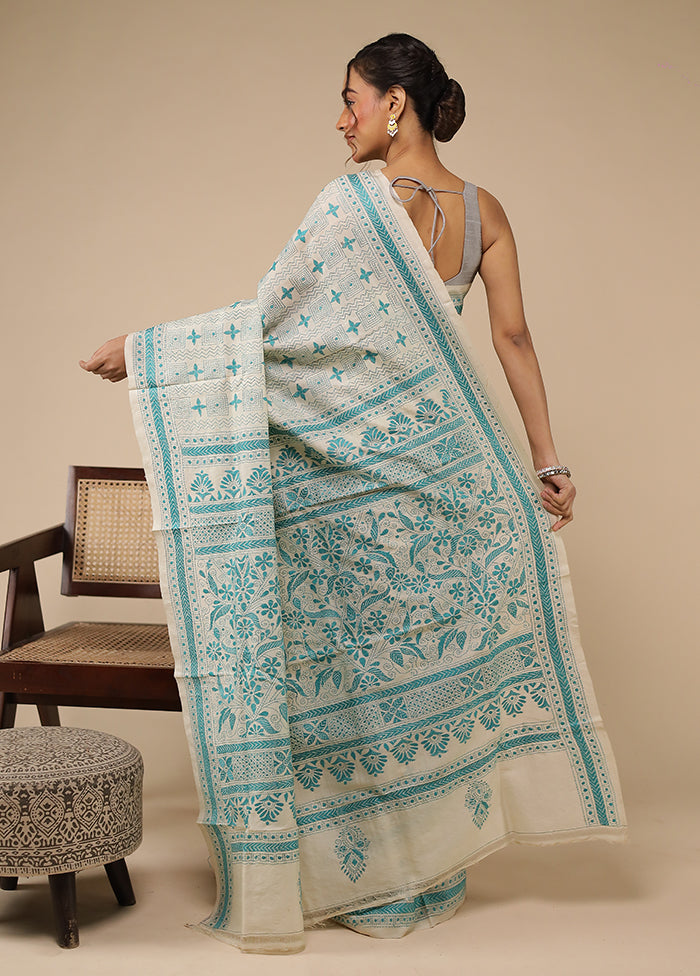 Cream Handloom Kantha Stitch Pure Silk Saree With Blouse Piece