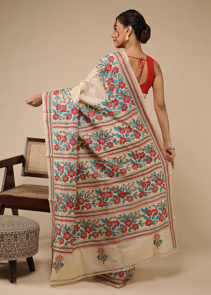 Cream Handloom Kantha Stitch Pure Silk Saree With Blouse Piece