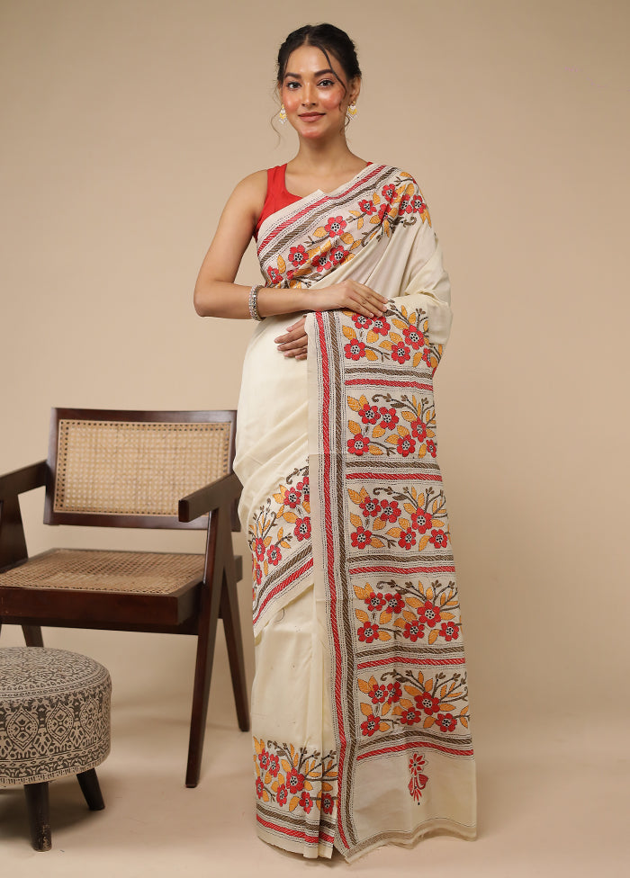 Cream Handloom Kantha Stitch Pure Silk Saree With Blouse Piece