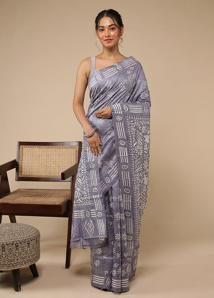 Grey Handloom Kantha Stitch Pure Silk Saree With Blouse Piece