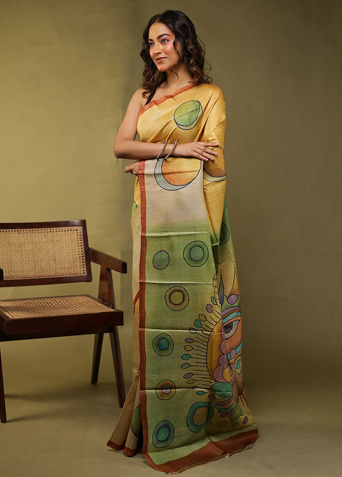 Multicolor Handloom Tussar Pure Silk Saree With Blouse Piece