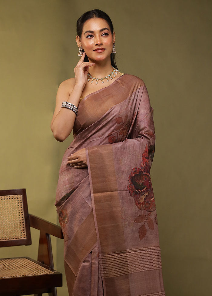Purple Handloom Tussar Pure Silk Saree With Blouse Piece