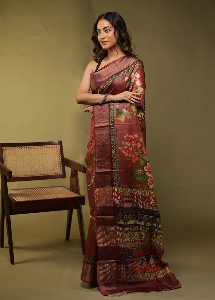 Pink Handloom Tussar Pure Silk Saree With Blouse Piece