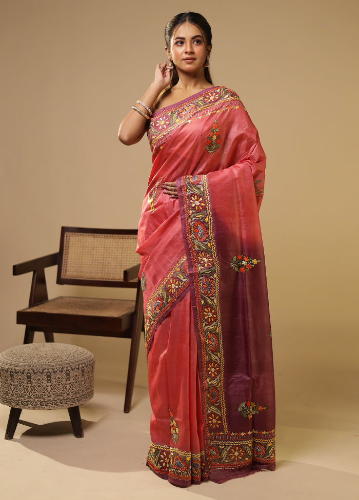 Purple Handloom Tussar Pure Silk Saree With Blouse Piece