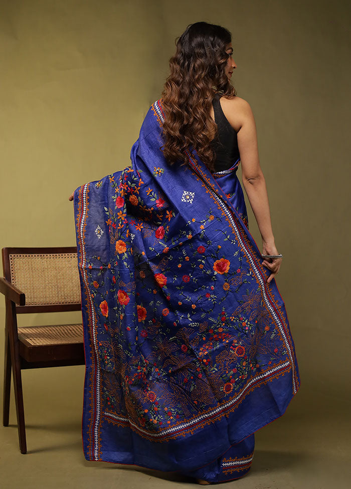 Blue Handloom Tussar Pure Silk Saree With Blouse Piece