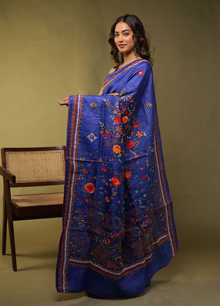 Blue Handloom Tussar Pure Silk Saree With Blouse Piece