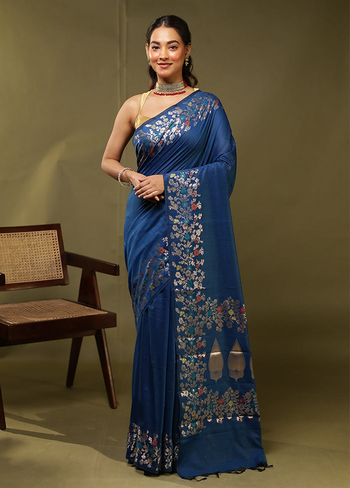 Blue Cotton Saree With Blouse Piece