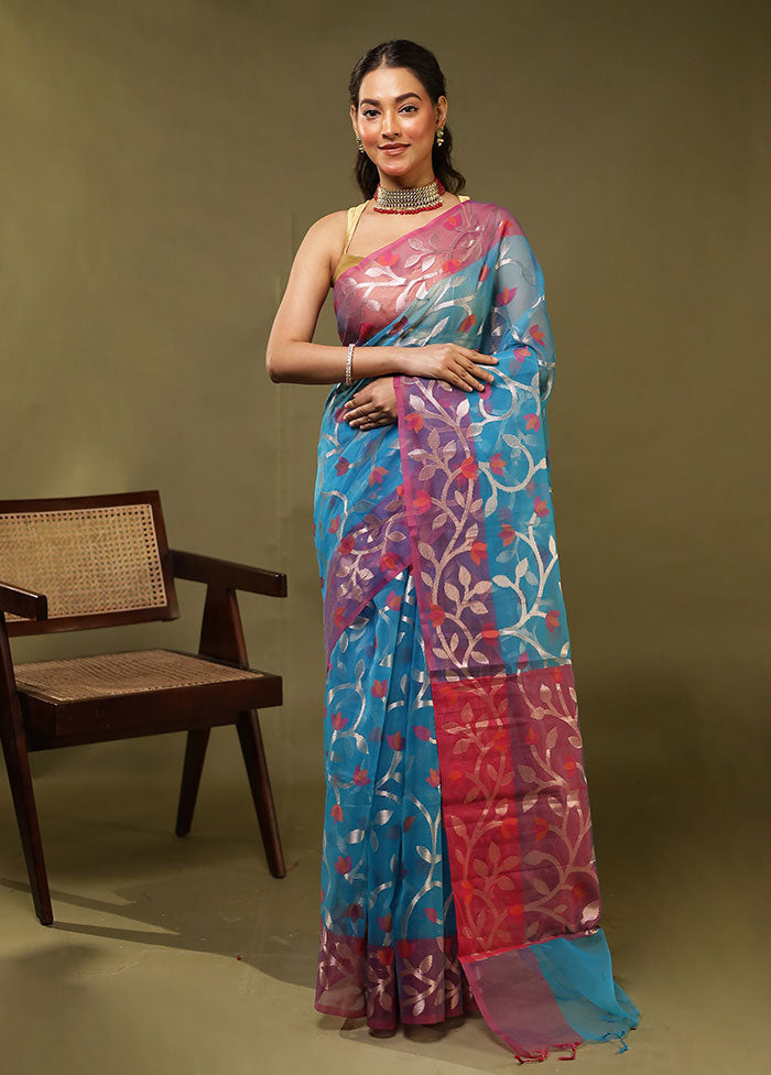 Blue Organza Saree With Blouse Piece