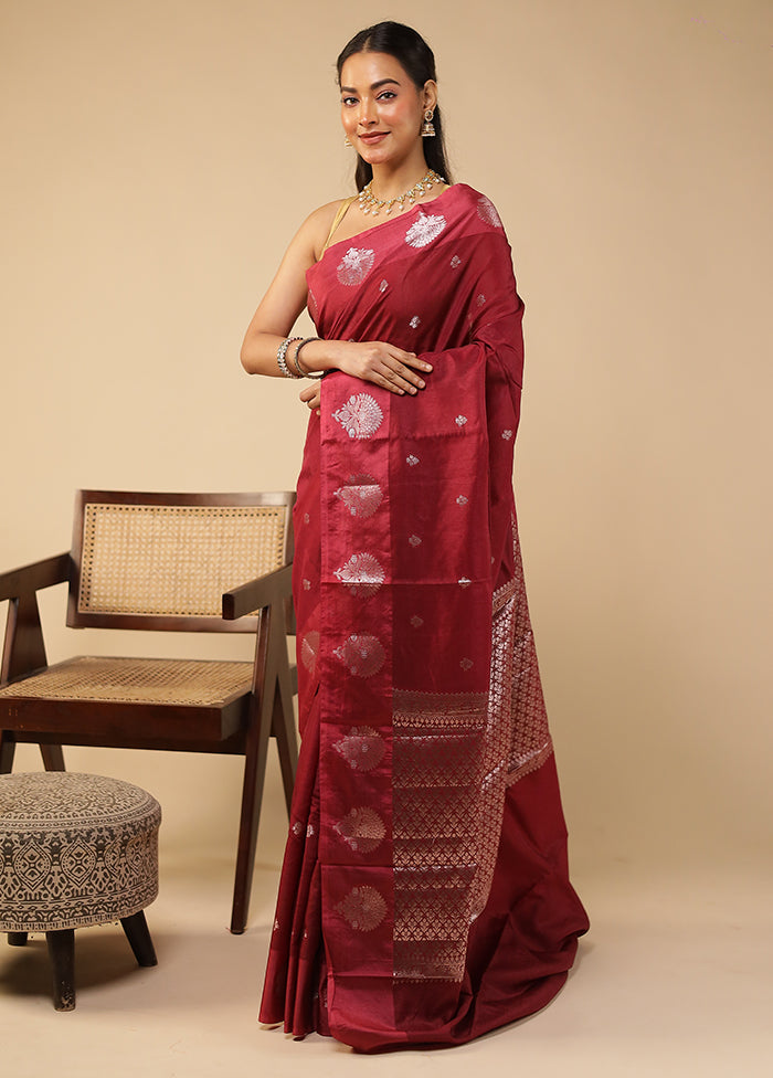 Maroon Dupion Silk Saree With Blouse Piece