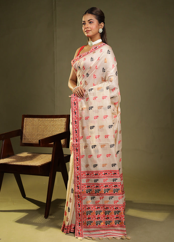 Cream Assam Silk Saree With Blouse Piece