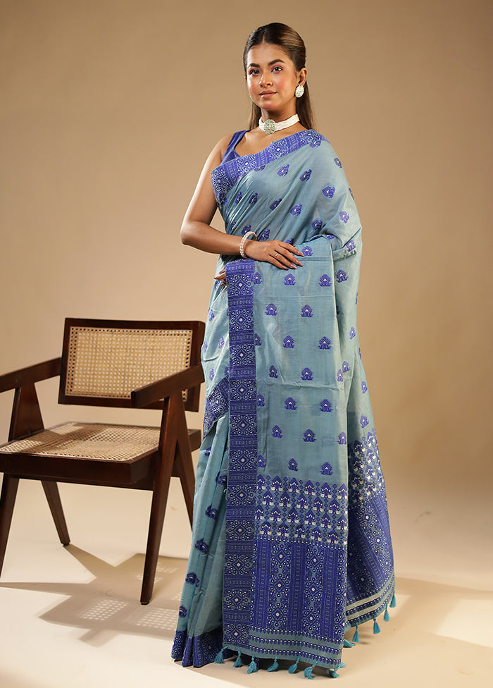 Blue Assam Silk Saree With Blouse Piece