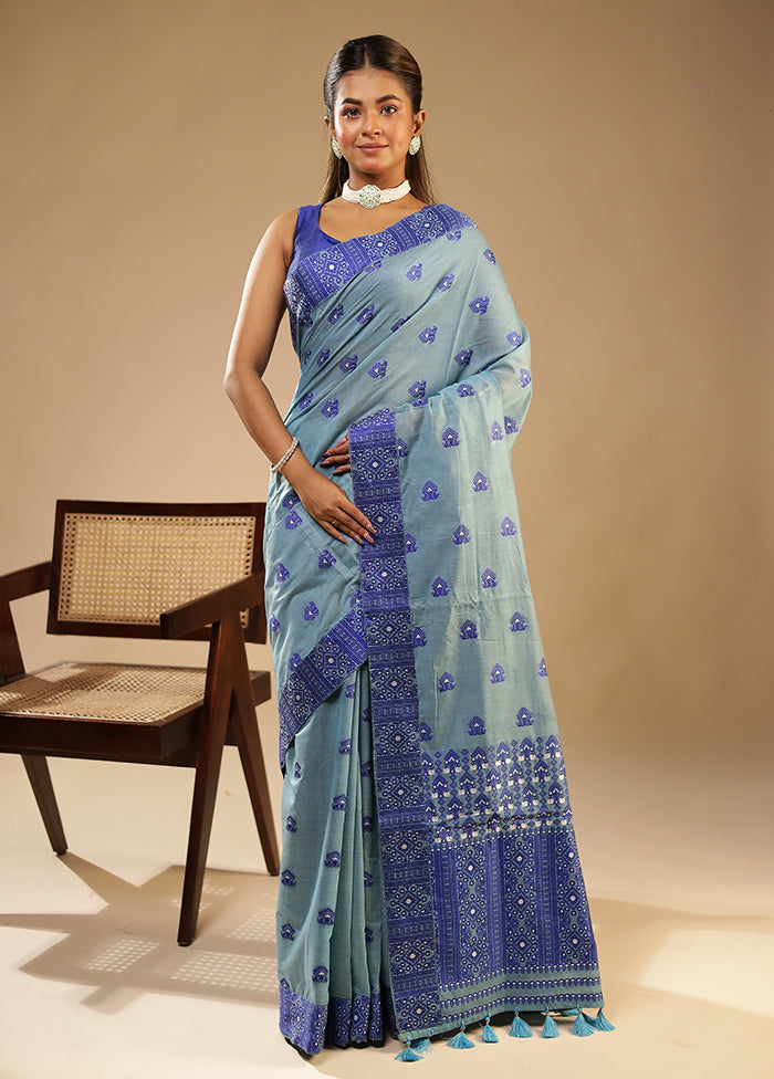 Blue Assam Silk Saree With Blouse Piece