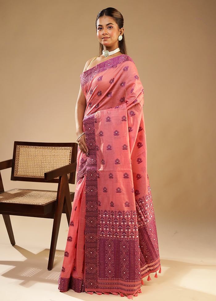 Pink Assam Silk Saree With Blouse Piece