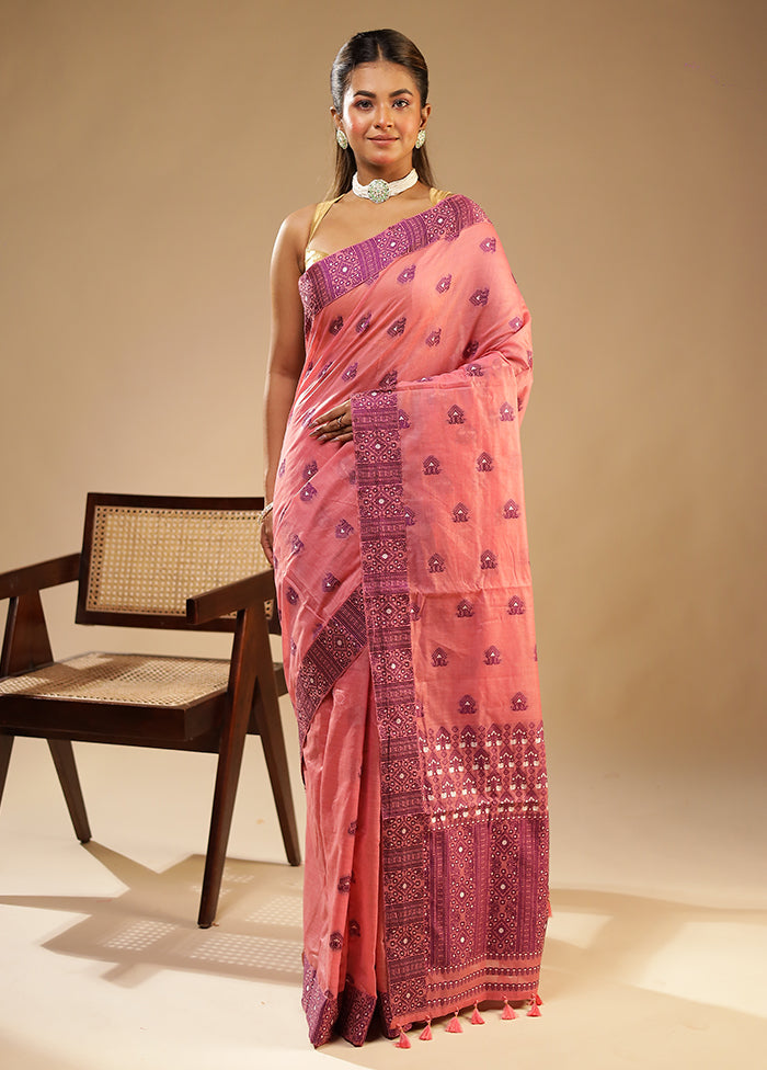 Pink Assam Silk Saree With Blouse Piece