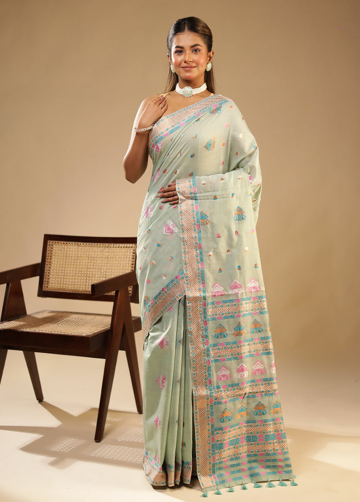 Green Assam Silk Saree With Blouse Piece