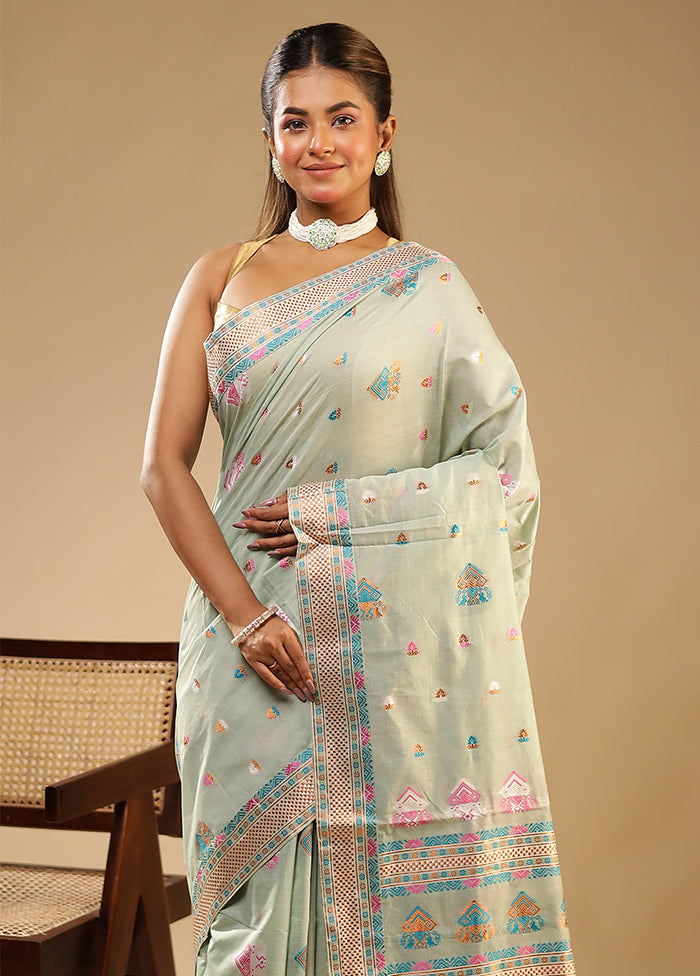 Green Assam Silk Saree With Blouse Piece