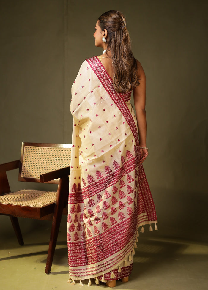 Cream Assam Silk Saree With Blouse Piece