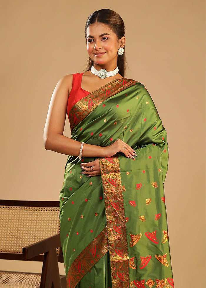 Green Assam Silk Saree With Blouse Piece