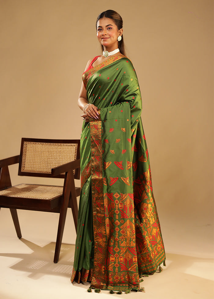 Green Assam Silk Saree With Blouse Piece