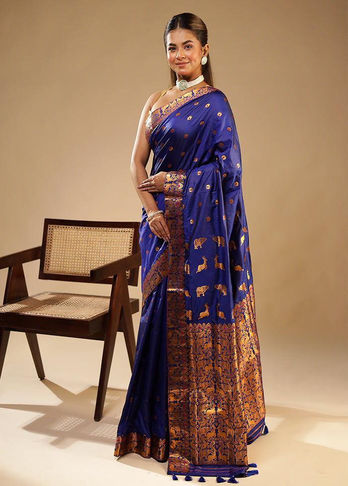 Blue Assam Silk Saree With Blouse Piece