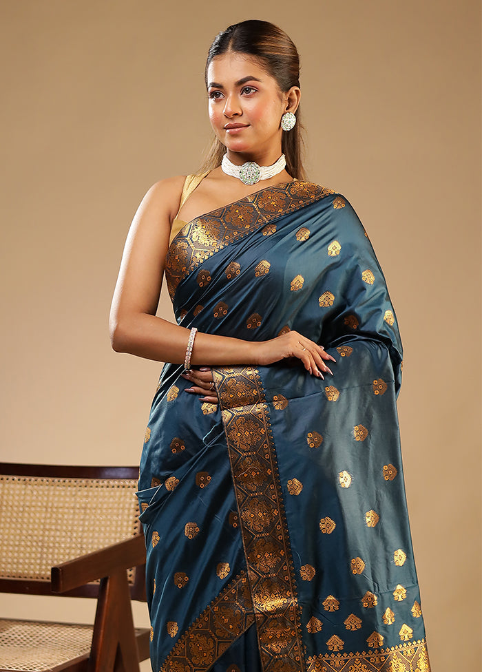 Blue Assam Silk Saree With Blouse Piece