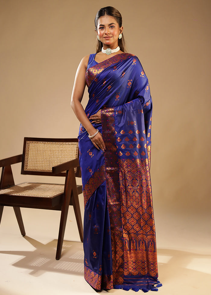 Blue Assam Silk Saree With Blouse Piece