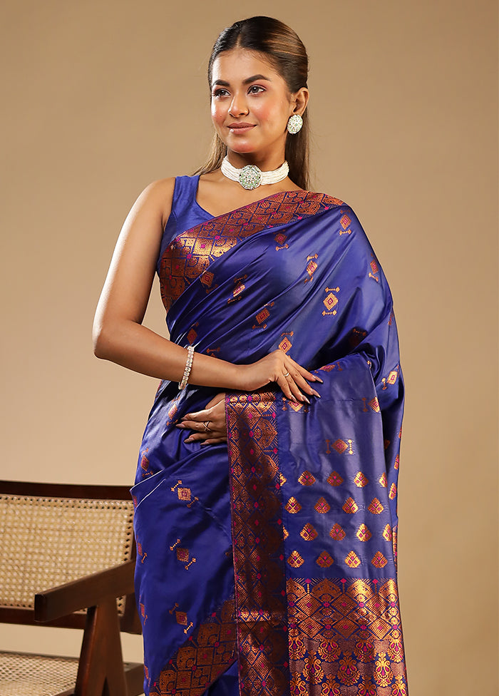 Blue Assam Silk Saree With Blouse Piece