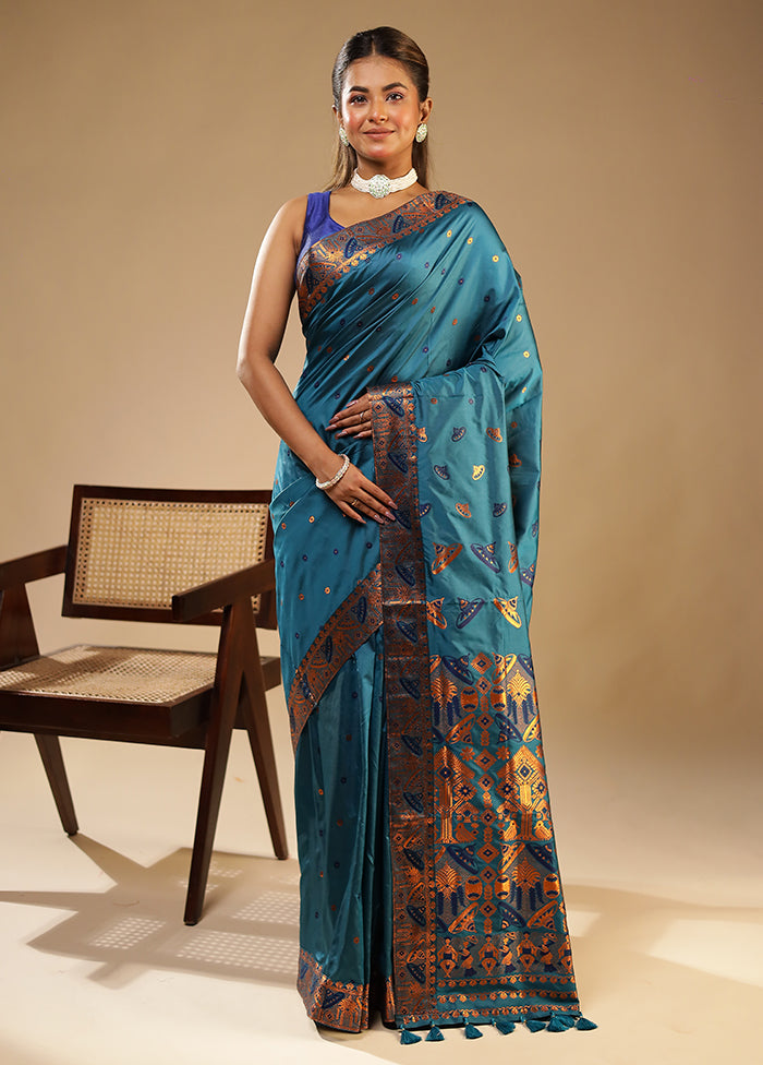 Blue Assam Silk Saree With Blouse Piece