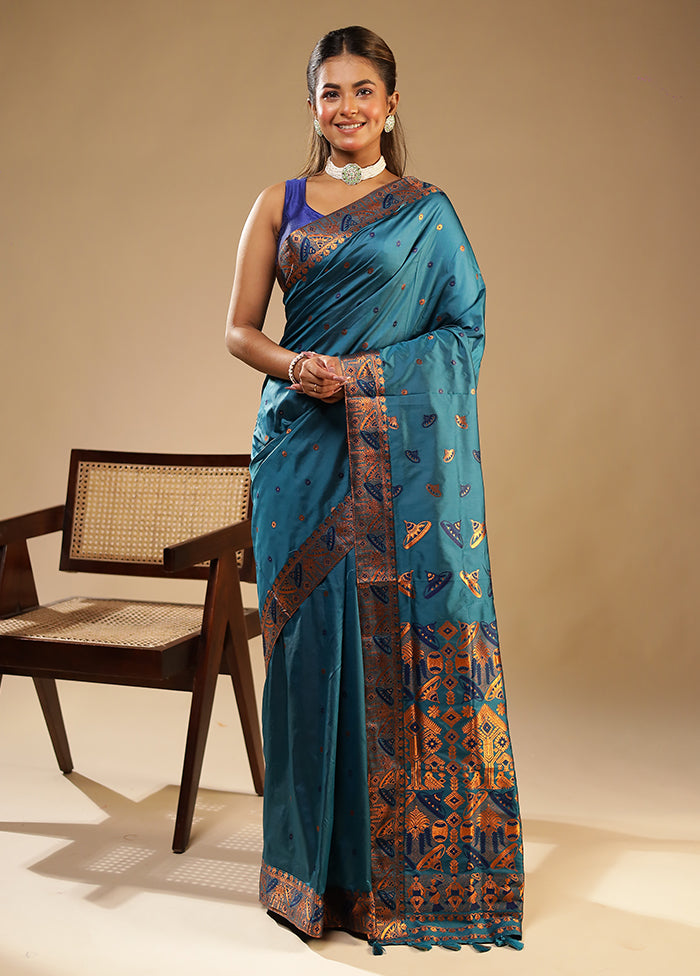 Blue Assam Silk Saree With Blouse Piece