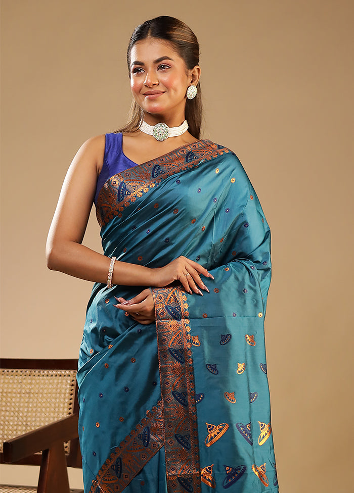 Blue Assam Silk Saree With Blouse Piece