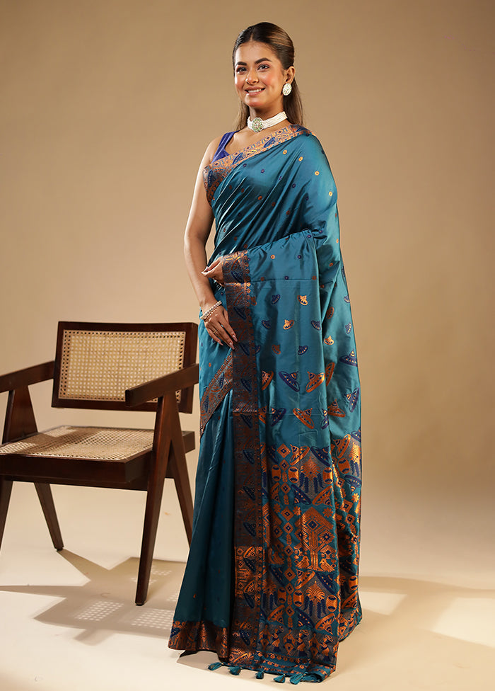 Blue Assam Silk Saree With Blouse Piece