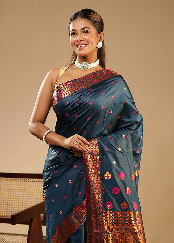 Blue Assam Silk Saree With Blouse Piece