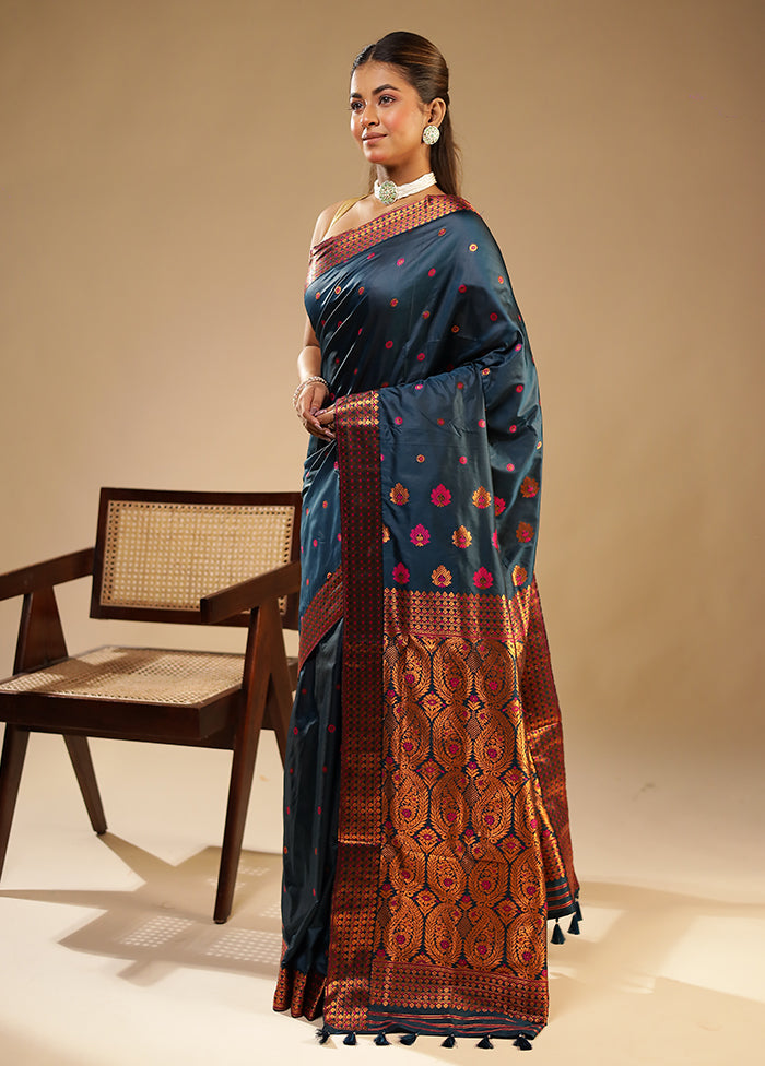 Blue Assam Silk Saree With Blouse Piece