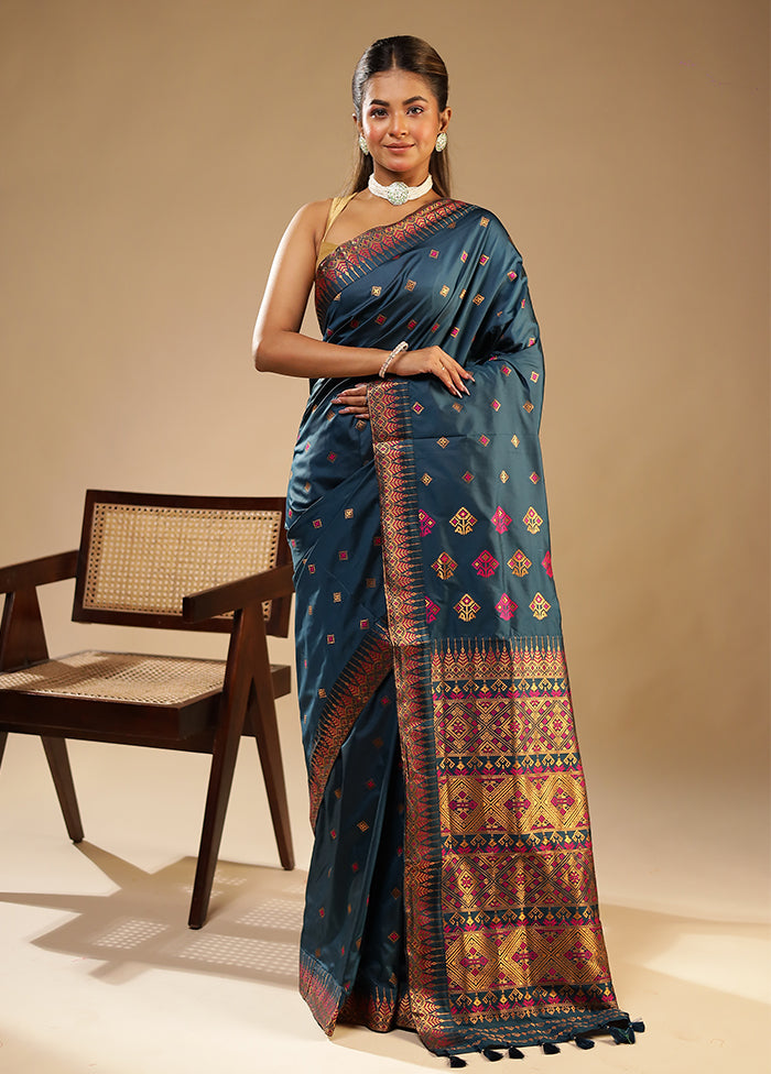 Blue Assam Silk Saree With Blouse Piece