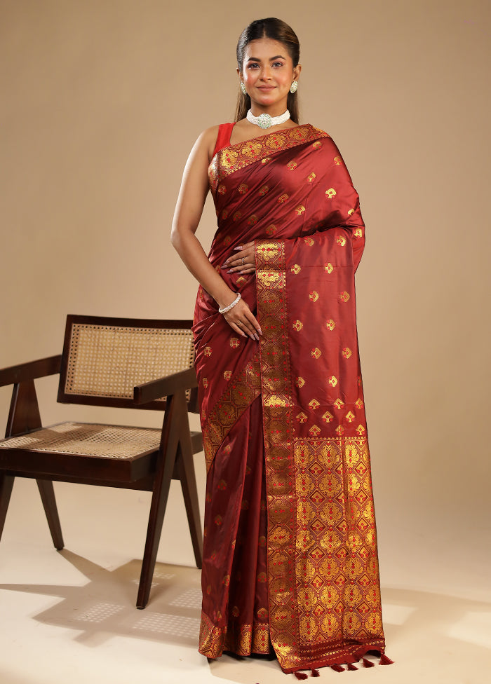 Maroon Assam Silk Saree With Blouse Piece