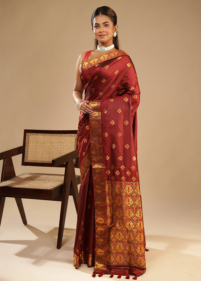 Maroon Assam Silk Saree With Blouse Piece