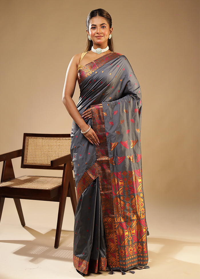 Grey Assam Silk Saree With Blouse Piece