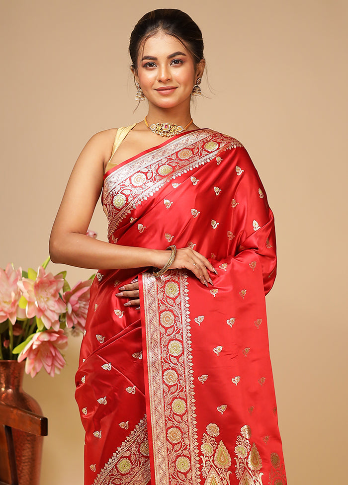 Red Handloom Banarasi Pure Silk Saree With Blouse Piece