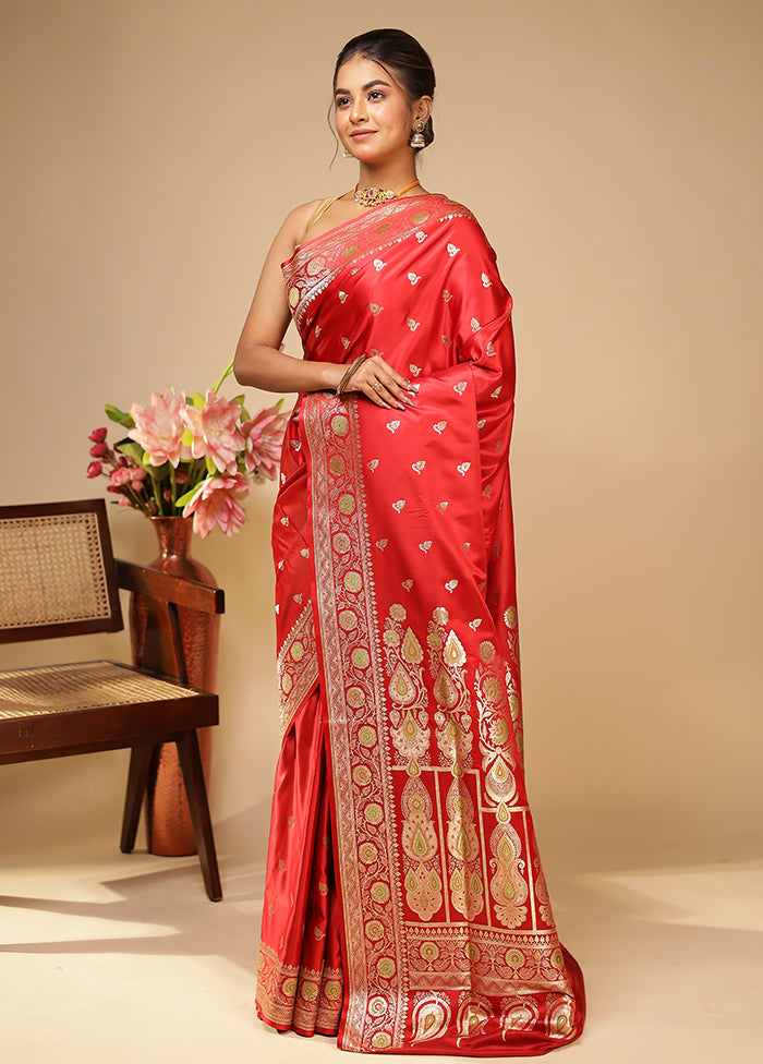 Red Handloom Banarasi Pure Silk Saree With Blouse Piece