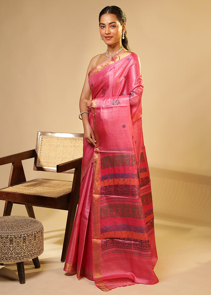 Purple Handloom Tussar Pure Silk Saree With Blouse Piece