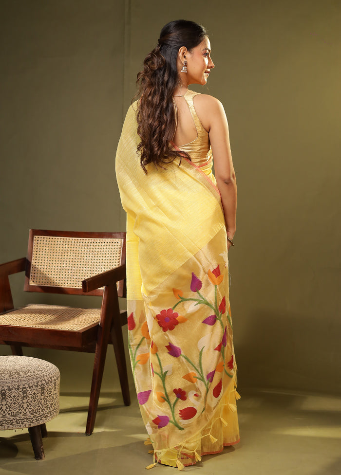 Yellow Linen Silk Saree With Blouse Piece