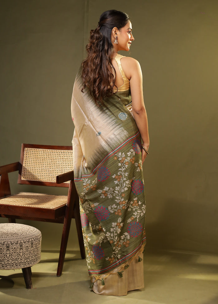 Cream Linen Silk Saree With Blouse Piece