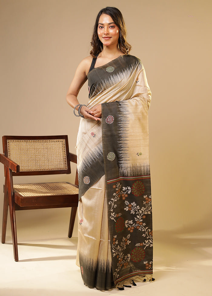 Cream Linen Silk Saree With Blouse Piece