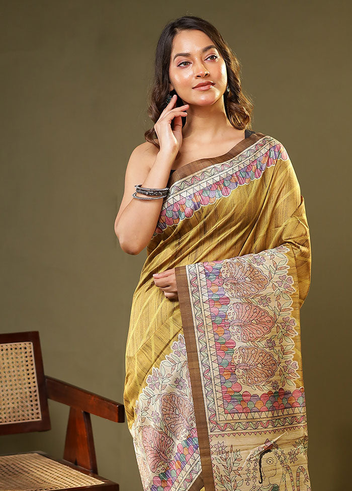 Yellow Tussar Silk Saree With Blouse Piece