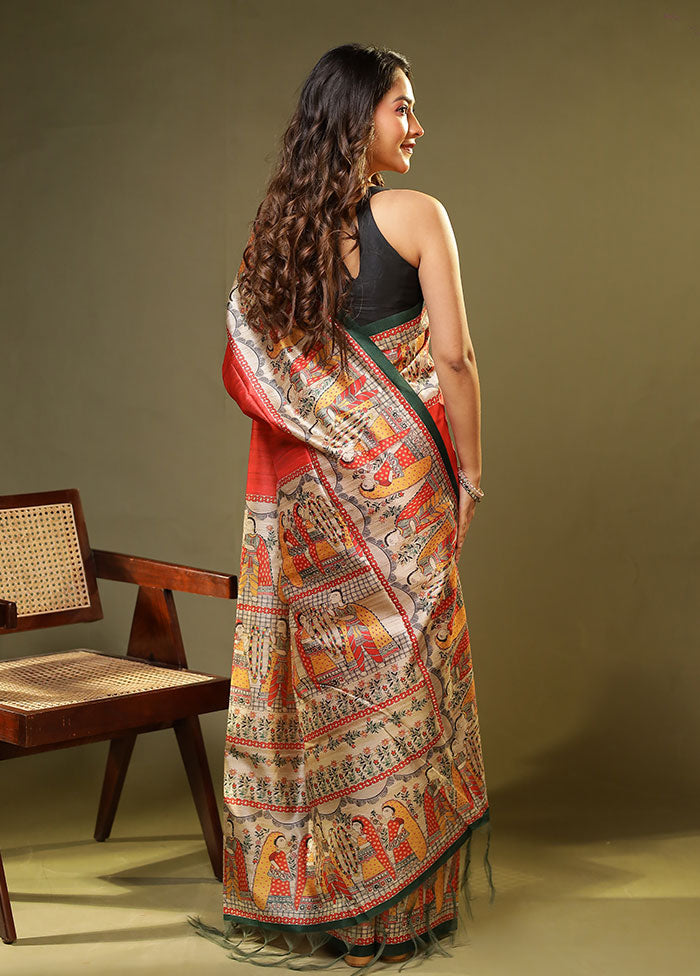 Red Tussar Silk Saree With Blouse Piece