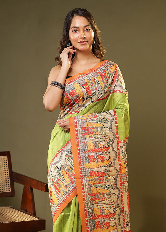 Green Tussar Silk Saree With Blouse Piece