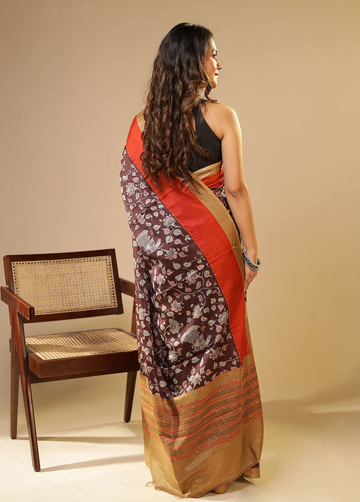 Maroon Tussar Silk Saree With Blouse Piece