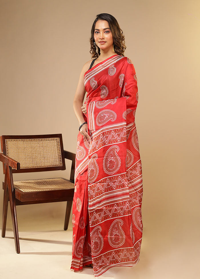 Red Printed Pure Silk Saree Without Blouse Piece