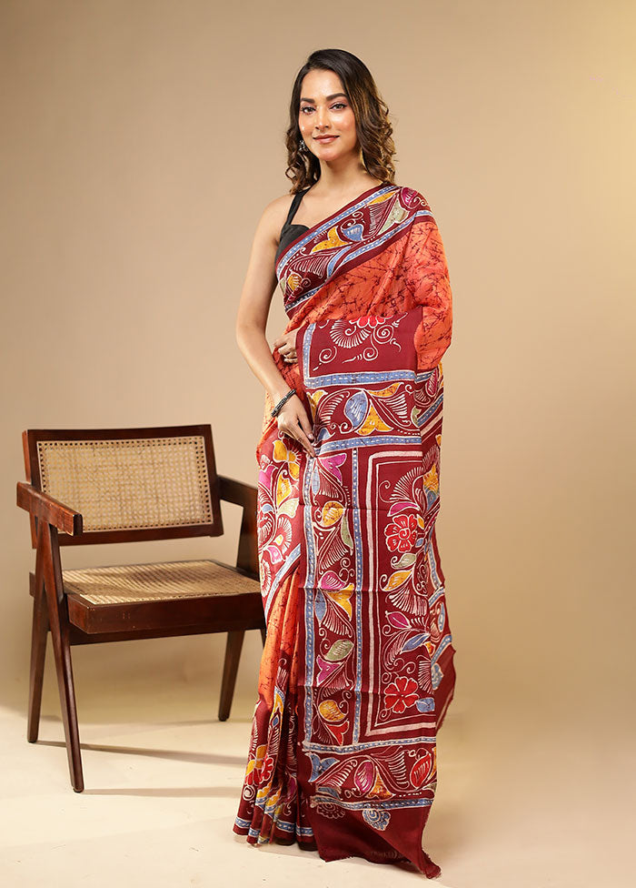 Orange Printed Pure Silk Saree Without Blouse Piece