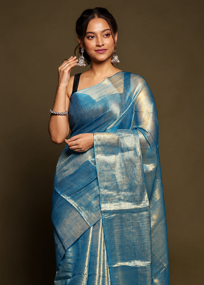 Blue Tissue Silk Saree With Blouse Piece